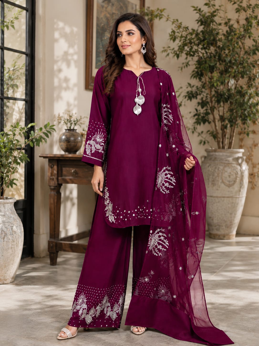 A woman models a deep magenta three-piece traditional outfit with silver mirror work embroidery, consisting of a long kurta, wide-leg trousers, and a matching dupatta, set against an elegant indoor garden patio backdrop.