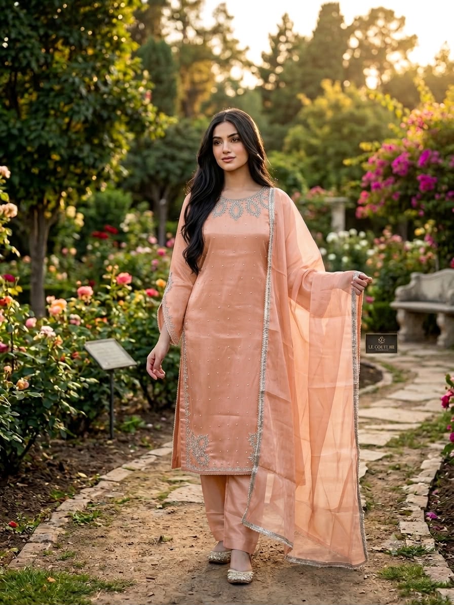 A woman stands on a garden path wearing a peach-colored traditional outfit with a matching sheer dupatta. The outfit has silver embroidery on the neckline and lower kurta, and the background features lush green trees and pink flowers.
