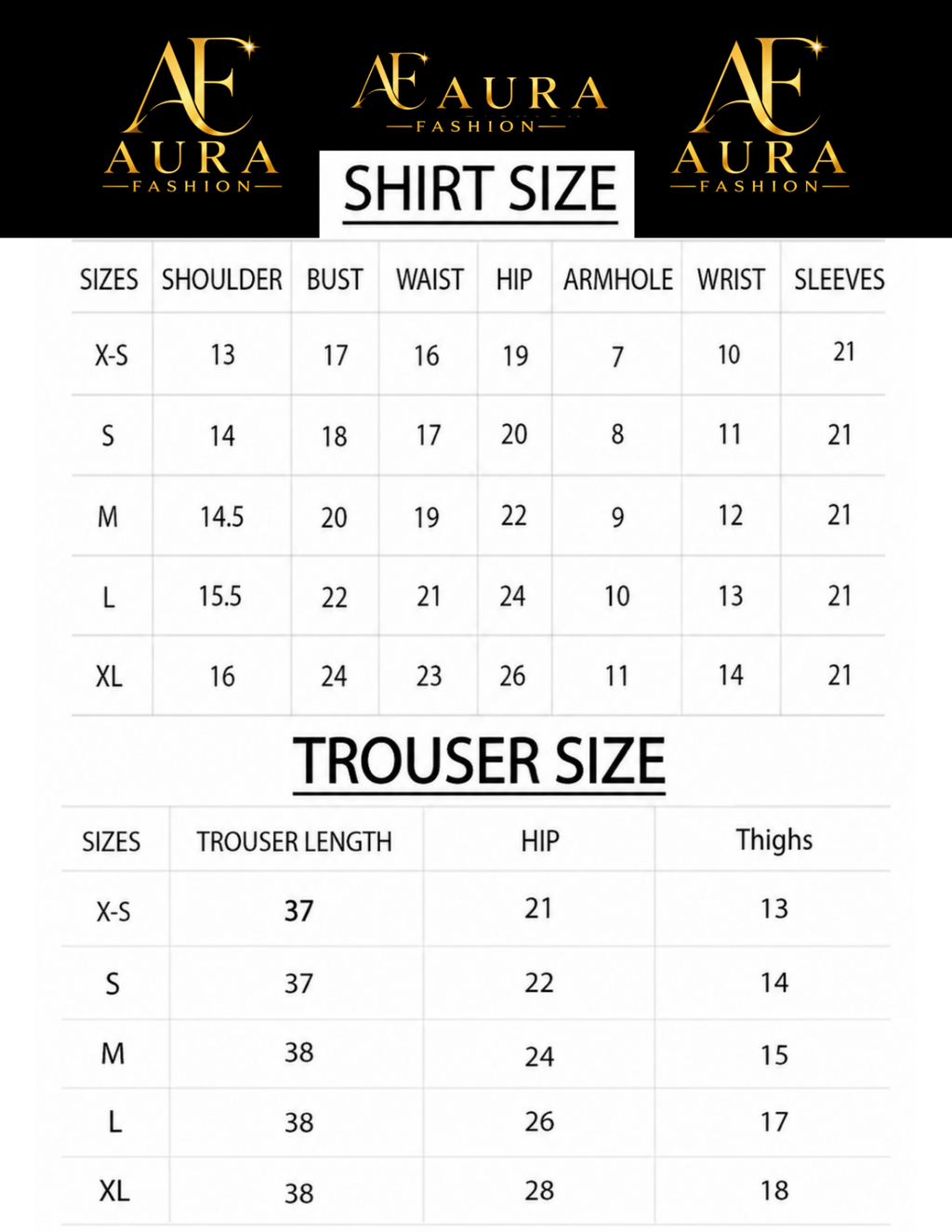 A size chart for AF Aura Fashion clothing, showing shirt and trouser size tables with measurements for X-S through XL sizes. The top of the chart features the AF Aura Fashion logo on a black background.