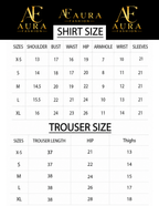A size chart for AF Aura Fashion clothing, showing shirt and trouser size tables with measurements for X-S through XL sizes. The top of the chart features the AF Aura Fashion logo on a black background.