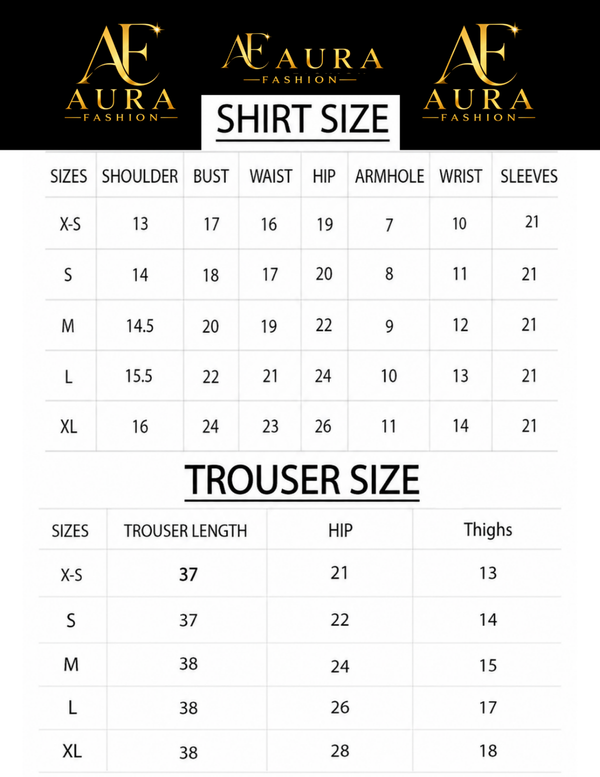 A size chart for AF Aura Fashion clothing, showing shirt and trouser size tables with measurements for X-S through XL sizes. The top of the chart features the AF Aura Fashion logo on a black background.