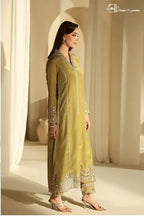 Woman in a light green traditional outfit with intricate patterns standing in a softly lit room.
